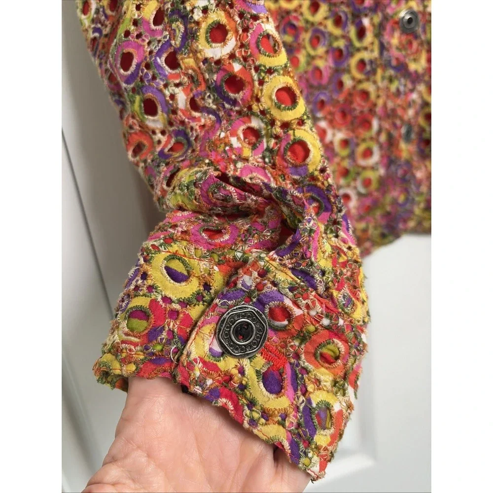 Chico's Embroidered Eyelet Trucker Jacket Womens Size 1 M Multicolor Cotton Boho